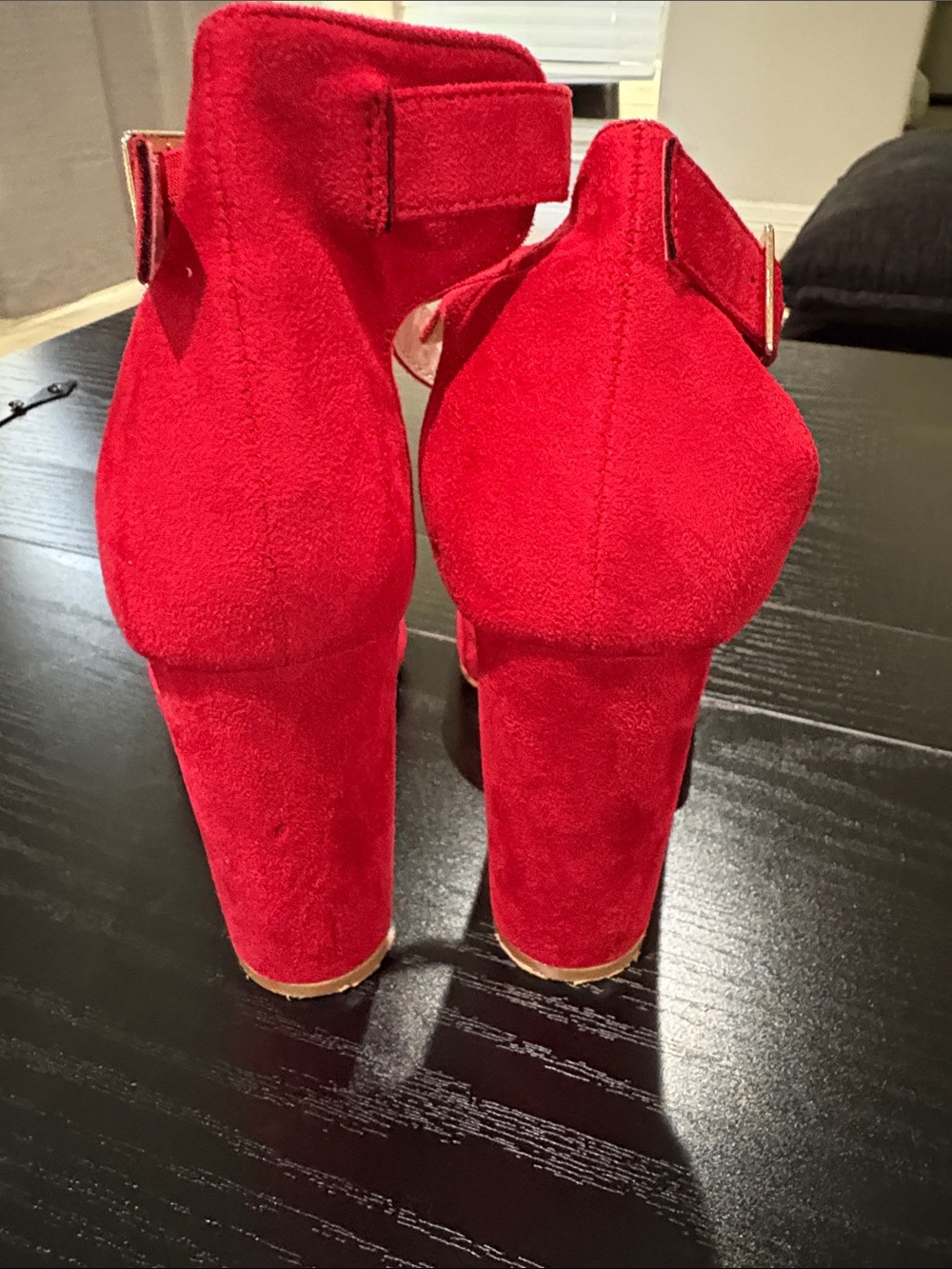 Pointed-Toe Red Suede Ankle-Strap Block Heels - Picture 3 of 5